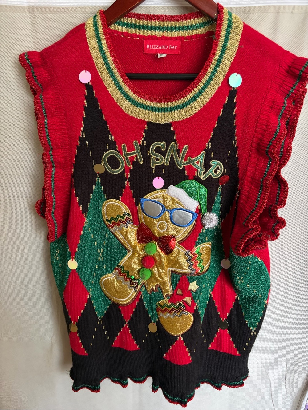 '”Oh Snap” Red Holiday Gingerbread Sweater Vest - Fits L-XL